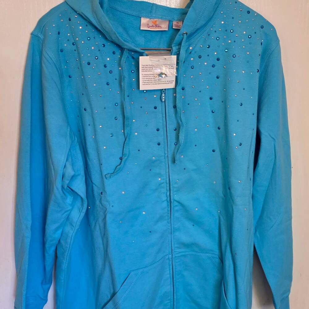 Quacker Factory Light Blue Rhinestone Embellished Zip-Up Hoodie